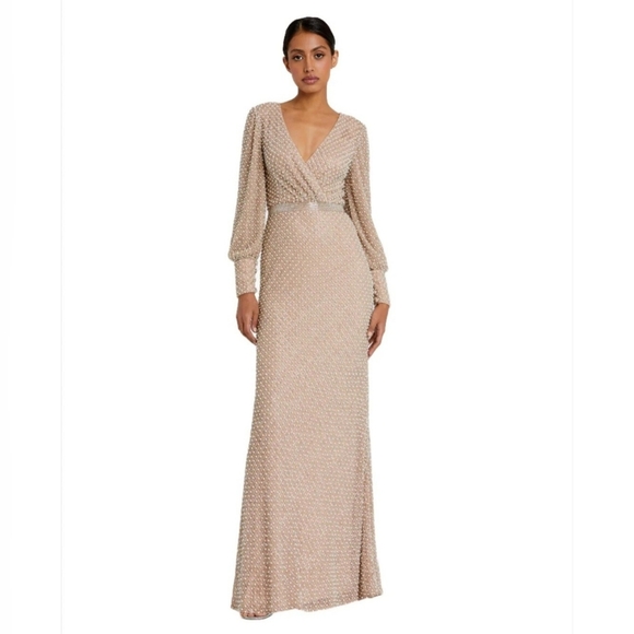 Mac Duggal Beige Wrap Over Bishop Sleeve Gown With Pearl Beading...$698 USD - Picture 1 of 12